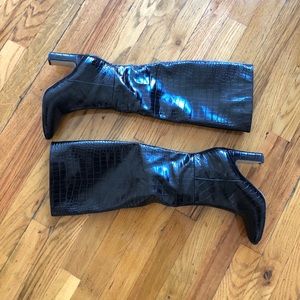 Snake / croc skin black knee high boots